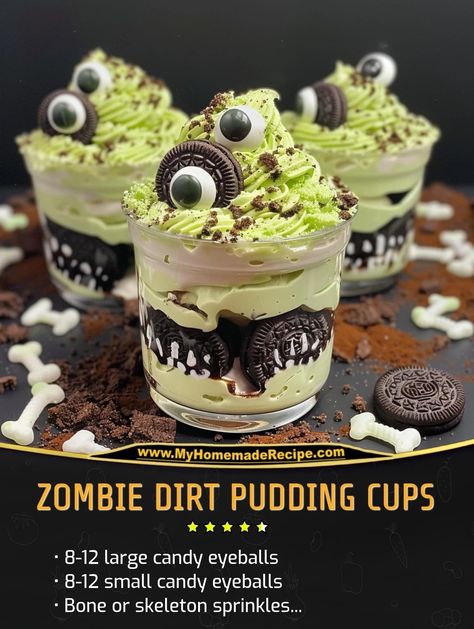 Dirt Cups Halloween Dessert, Zombie Dirt Cups, Zombie Dirt Pudding Cups, Dirt Cake Cups Halloween, Pudding Dirt Cups Kids, Halloween Dirt Pudding Cups, Beetlejuice Birthday Party Food, Halloween Pudding Desserts, Halloween Cake Cups