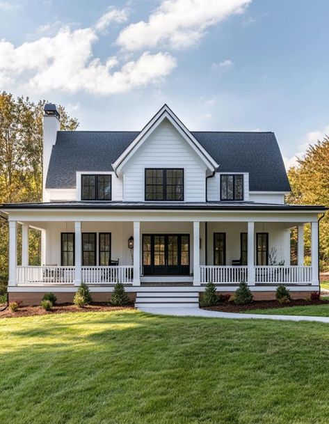 Farmhouse With Black Trim, Colonial House With Porch, Houses With Front Porches, Black And White Farmhouse Exterior, Black Spindles, House With Front Porch, White House Black Shutters, White Farmhouse Exterior, White Colonial