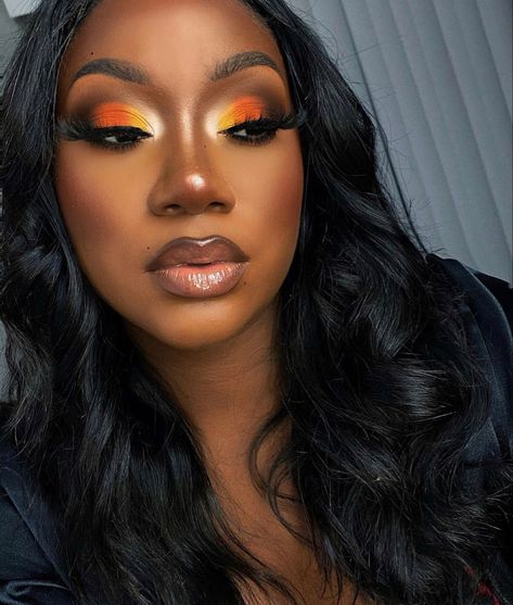 Makeup That Goes With Orange Dress, Orange Eye Looks Eyeshadows, Orange Eyeshadow Black Women, Brown And Orange Makeup Looks, Orange Makeup Black Women, Orange And Black Makeup Looks, Orange And Black Eyeshadow Looks, Orange Eyeshadow Looks Black Women, Makeup For Orange Outfit