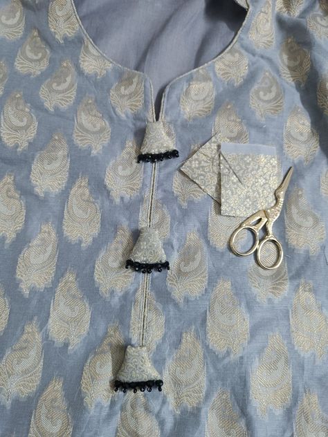 Handmade kurta buttons by Arpana Fancy Buttons On Kurti, Kurta Buttons, Stitching Designs, Kurti Neck, Fancy Buttons, Pakistani Dresses Casual, Neckline Designs, Learn English Vocabulary, Silver Buttons