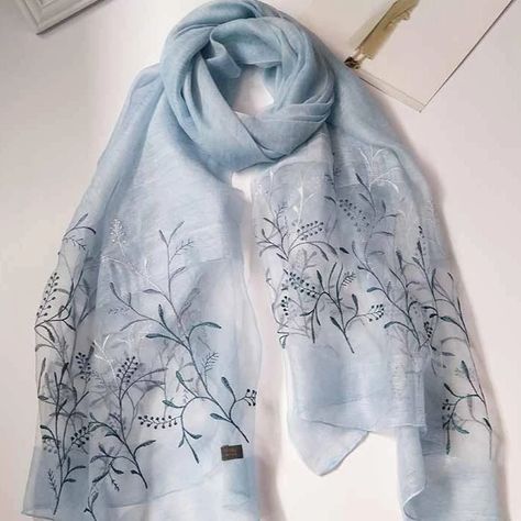 Real Silk Oriental Floral Embroidery Scarf Shawl – IDREAMMART Embroidery Scarf, Hijab Collection, Latest Dress Design, Minimalist Fashion Women, Silk Pattern, Chunky Knitting Patterns, Diy Embroidery Designs, Elegant Scarves, Scarf Women Fashion