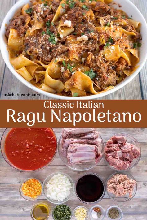 Ragu Napoletano is made with beef, pork, tomatoes, and seasonings that are slowly simmered to create a rich, hearty meat sauce. This delicious recipe from Ask Chef Dennis is the perfect meal your whole family will love! Grab the ingredients and make this delicious meal today! You will make this recipe over and over again. Italian Meat Recipes Beef, Meat Ragu Recipe, Sunday Recipes Dinner Comfort Foods, Authentic Italian Beef Recipes, Italian Beef Ragu Recipe, Best Beef Ragu Recipe, Best Ragu Sauce Recipe, Pork Ragu Recipes, Traditional Ragu Recipes