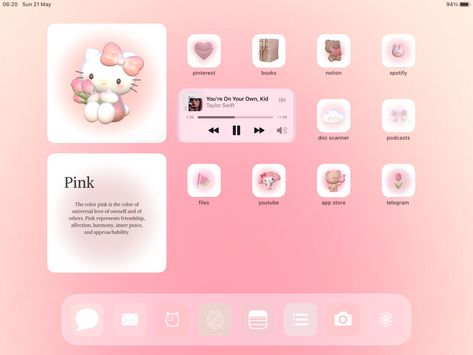 Cute Ipad Homescreen Ideas Pink, Ipad Ios 15 Homescreen Ideas Pink, Ipad Pink Layout, Ipad Home Screen Layout Pink, Tablet Theme Ideas, Ipad Homescreen Ideas Aesthetic Pink, Ipad Homescreen Ideas Pink Widget, Tablet Aesthetic Organization, Tablet Widget Ideas