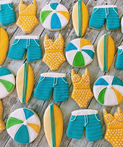 Swimsuit Cookies, Sugar Cookies Royal Icing, Rainbow Themed Party, Royal Icing Sugar Cookies, Icing Sugar Cookies, Summer Sugar Cookies, Sibling Birthday Parties, Cookies Royal Icing, Royal Icing Sugar