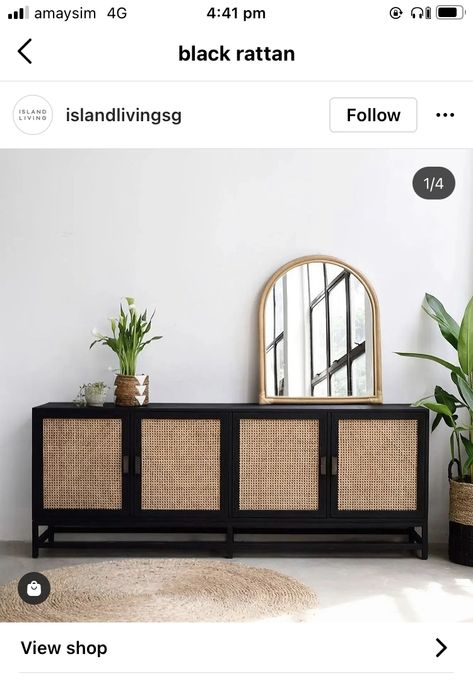 Black Rattan Entertainment Unit, Kallax Black Brown Ideas, Black Rattan Living Room, Black Rattan Furniture, Small Sitting Rooms, Casa Interior, Tv Table, Rack Tv, Black Sideboard