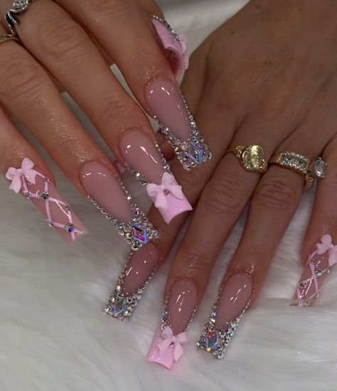 Pink Nail Designs Bling, Triple Pink Nails, Pink Nails Acrylic With Rhinestones, Birthday Nails 17th Birthday, 15 Birthday Nails Acrylic, Pink 21st Birthday Nails, 21 Birthday Nail Ideas, 16 Birthday Nails Acrylic, 17th Birthday Nails Acrylic