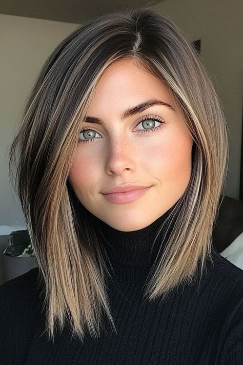 Sharp and Sleek Angled Lob, medium-length haircut, low maintenance medium-length haircut Aline Lob, Angled Lob Haircut, Haircuts Brunette, Haircut Low Maintenance, Straight Medium Length Hair, Angled Lob, Angled Haircut, Wavy Bob Long, Medium Length Hair Straight