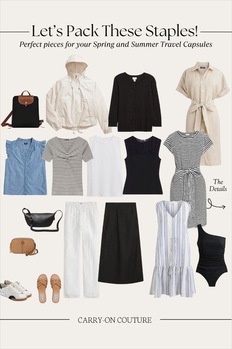 I've found the perfect warm weather staples for your spring and summer travel capsule wardrobes.  I love these pieces because they are neutral, so it will be easy to add in colors and prints, but they also have fun details, a key to making sure your travel capsule wardrobe isn't boring. City Vacation Outfits Summer Travel Style, European City Summer Outfits, European Backpacking Outfits, Travel Capsule Wardrobe Summer Over 50, Capsule Wardrobe Summer Travel, Realistic Minimalism, Summer Travel Capsule Wardrobe, Beach Capsule, Summer Travel Capsule