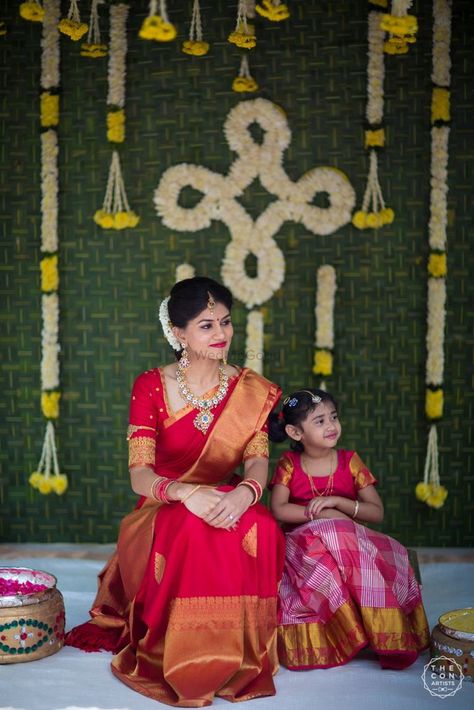 Photo from Nandini & Chandru wedding in Hyderabad Pelli Kuturu Decoration At Home, Elegant Bridal Shower Ideas, Leaf Decor Wedding, Indian Baby Showers, Bridal Trousseau, Indian Bridal Sarees, Wedding Stage Design, Mandap Decor, Wedding Backdrop Design