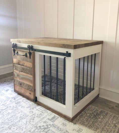 Farmhouse Barn Door, Diy Dog Crate, Wooden Dog Kennels, Dog Kennel Furniture, Diy Dog Kennel, Crate Furniture Diy, Crate Diy, Dog House Diy, Dog Crate Furniture