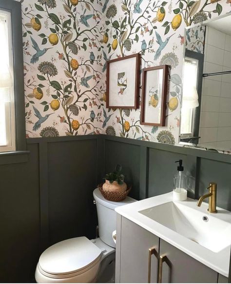 Toilet With Panelling And Wallpaper, Under Stair Cloakroom, Downstairs Toilet Ideas Small Quirky, Moody Downstairs Toilet, Small Toilet Room Wallpaper Ideas, Wallpaper Cloakroom Toilet, Panelled Cloakroom Toilet, Cloakroom Toilet Ideas Wallpapers, Wallpaper Cloakroom