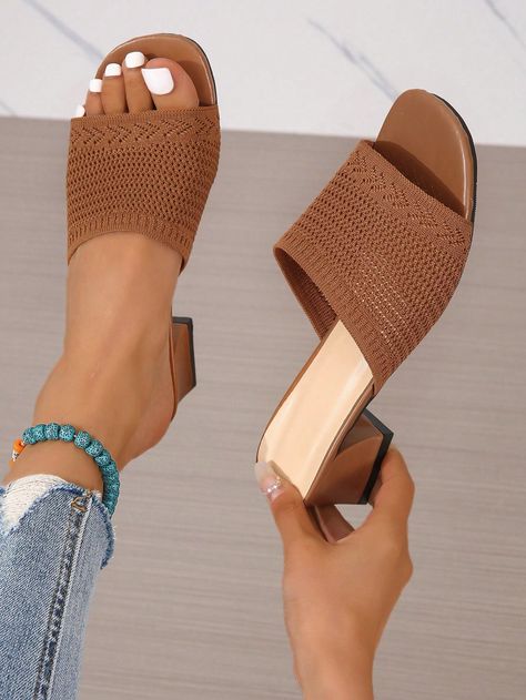 Women Ribbed Chunky Heeled Sandals, Elegant Brown Fabric Mule SandalsI discovered amazing products on SHEIN.com, come check them out! Shein Shoes, Mens Bags Fashion, Heeled Mule, Sandals Brown, Stylish Sandals, Heeled Sandal, Comfortable Heels, Brown Fabric, Mule Sandals