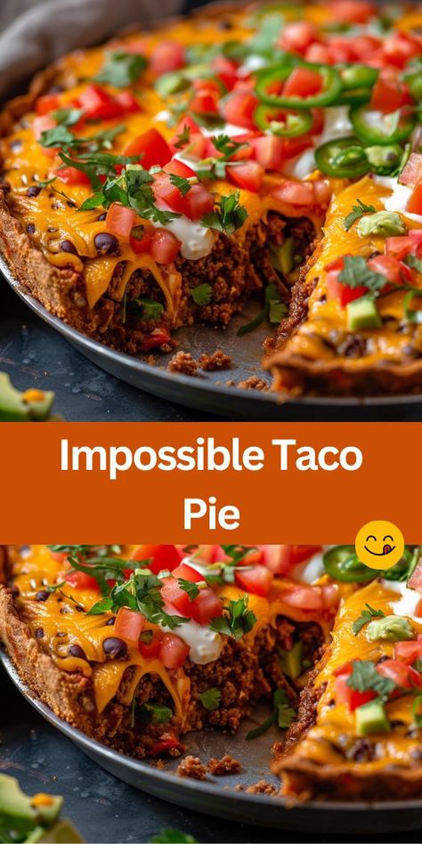 Craving a flavor-packed dinner that's easy to make? Look no further than our Impossible Taco Pie recipe! Made with lean ground beef, zesty taco seasoning, and a golden Bisquick crust, this dish is a crowd-pleaser. Perfect for busy nights or casual gatherings. Impossible Taco Pie Bisquick, Taco Pie With Jiffy Cornbread, Taco Pie With Crescent Rolls, Taco Pie With Bisquick, Impossible Taco Pie, Bisquick Recipes Dinner, Impossible Pies, Taco Recipes Ground Beef, Taco Pie Recipes