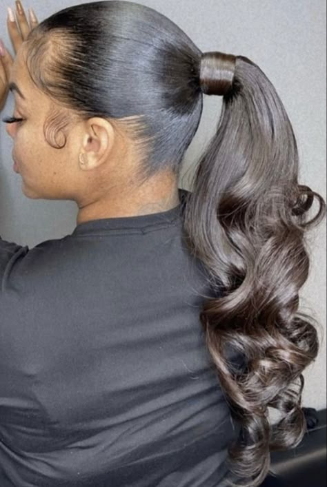 Slick Back Ponytail With Curls, Ponytail With Curls, Wave Braids, Fake Ponytail, Slick Back Ponytail, Extended Ponytail, Back Ponytail, Slicked Back Ponytail, Weave Ponytail Hairstyles