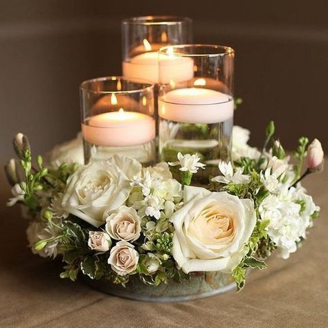 20 Floating Wedding Centerpiece Ideas | Roses & Rings - Part 2 Mirror Plate Centerpiece Wedding Ideas, Floral Ring Centerpiece, Romantic Candle Centerpieces, Wedding Centerpieces Elegant Romantic, Wedding Candles Diy, Romantic Centerpieces, Wedding Candles Table, Flowers And Candles, Floating Candle Centerpieces