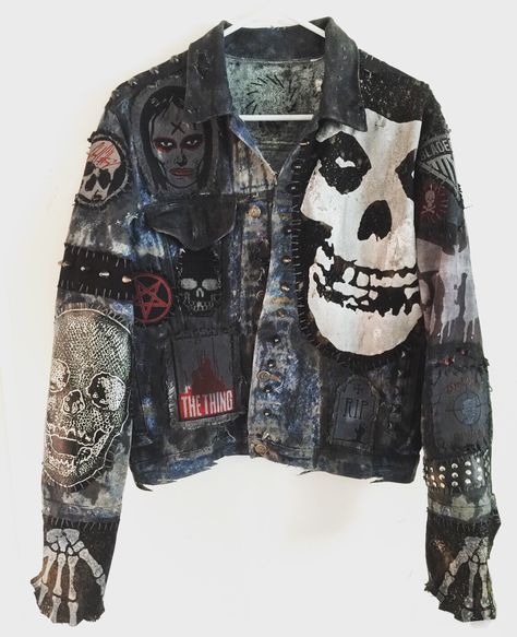 Dirty Denim Jacket from Chad Cherry Clothing. Punk/Horror/Rock Fashion. Cherry Clothing, Punk Denim Jacket, Grunge Diy, Horror Punk Fashion, Battle Jackets, Punk Jeans, Punk Jacket, Clothes Grunge, Paperbag Hose