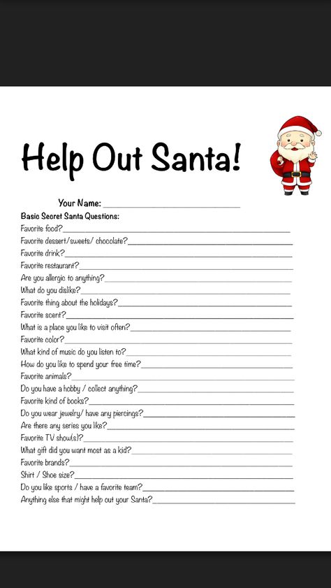 Help out Santa pick out the best gift for you by filling out this questionnaire! All About Me Secret Santa, Questionnaire For Gift Giving, Secret Santa Gift Questionnaire, Things To Ask Santa For Christmas, Questionnaire For Christmas Gift Ideas, Christmas List Questionnaire, Questions For Secret Santa, Gift Giving Questionnaire, Secret Santa List Ideas