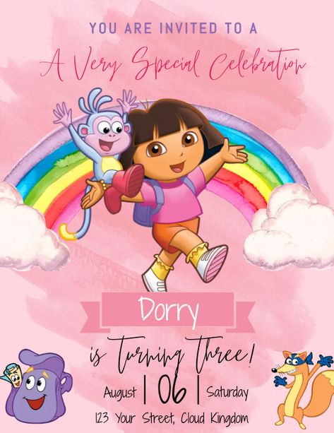 Dora Birthday Dora The Explorer Invitation Template, Dora Birthday Template, Dora The Explorer Invitations, Dora Invitation Template, Dora Birthday Party Ideas, Dora Birthday Party, Dora Birthday Cake, Free Online Invitation Maker, Explorer Birthday Party