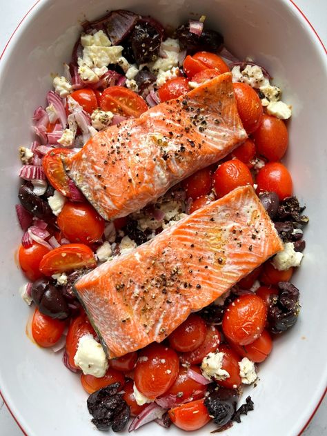 Baked Feta Salmon Dish - rachLmansfield Feta Salmon, Baked Feta Pasta, Butternut Squash Lasagna, Healthy Protein Meals, Kidney Friendly Foods, Baked Feta, Rice Side, Instagram Recipes, Healthy Weeknight Meals