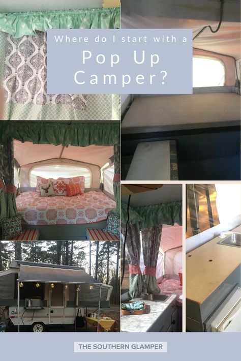 I Bought a Pop Up Camper, Now What? — The Southern Glamper Pop Up Camper Makeover On A Budget, Pop Up Camper Renovation Diy, Pop Up Tent Trailer Remodel, Pop Up Camper Interior Ideas, Pop Up Trailer Makeover, Small Pop Up Camper Remodel, Pop Up Camper Hacks, New Pop Up Campers, Camper Rebuild