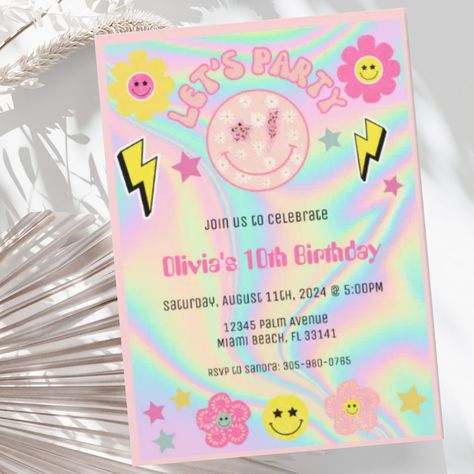 Bring on the good vibes with this new preppy pastel pink happy face birthday invitation. Preppy Invitation Card, Smiley Face Invitations, Y2k Invitation, Happy Face Birthday Party, Smiley Birthday, Preppy Birthday, 9th Birthday Cake, Birthday 10, Sleepover Birthday Parties