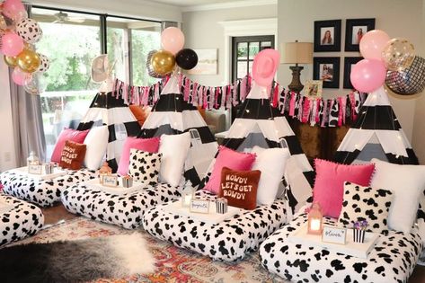 Cowgirl Slumber Party, Glam Cowgirl Party Decorations, Cowgirl Sleepover Ideas, Cow Girl Party Ideas, Disco Cowgirl Party Food, Cowgirl Bday Party Ideas, Preppy Cowgirl Birthday Party, Pink Cowboy Party, Cowgirl Disco Party