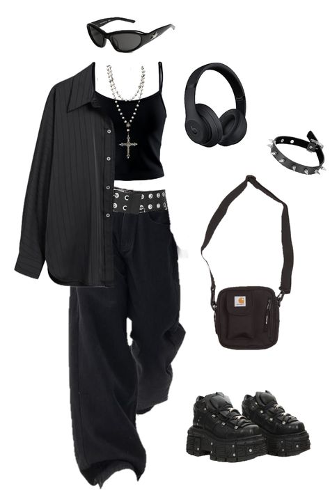 Black Kpop Outfit Ideas, Niki Enhypen Concert Outfit, Duo Concert Outfits, Keshi Outfit Ideas, Outfits Ideas For Concert, Kpop Tomboy Outfits, Black Outfits Kpop, Concert Outfit Ideas Enhypen, Kpopcore Outfits