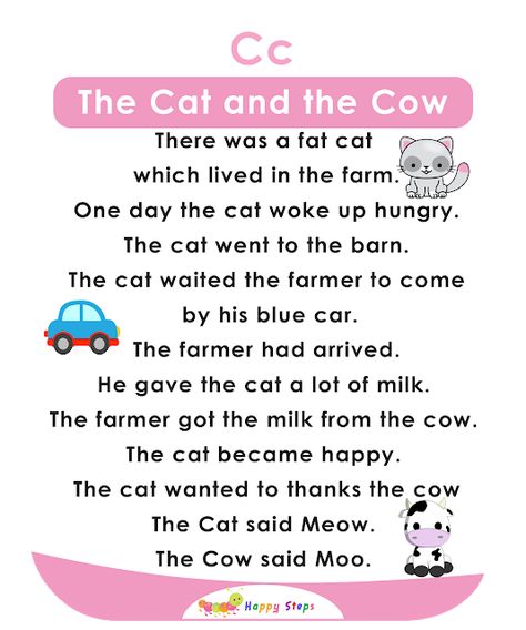 The Cat and The Cow There was a fat cat which lived in the farm. One day the cat woke up hungry. The cat went to the barn. The cat waited the farmer to come by his blue car. The farmer had arrived. He gave the cat a lot of milk. The farmer got the milk from the cow. The cat became happy. The cat wanted to thanks the cow The Cat said Meow. The Cow said Moo. Letter Stories, Alphabet Stories, Small Stories For Kids, Ingles Kids, English Poems For Kids, Phonics Reading Passages, Reading Comprehension Kindergarten, English Stories For Kids, Kindergarten Reading Activities