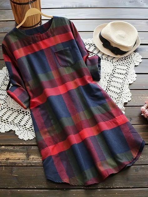 Long - Temu Loose Long Sleeve Dress, Long Sleeve Tunic Dress, Printed Tunic Dress, Plaid Tunic, Vestido Casual, Dress For Short Women, Plaid Shorts, Long Sleeve Tunic, Plaid Dress