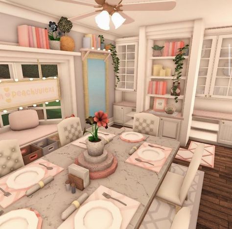 Blush Theme Bloxburg House, Bloxburg Kitchen Ideas Pastel, Bloxburg Blush Room Ideas, Inside Bloxburg Houses, Preppy Kitchen Bloxburg, Preppy Living Room Bloxburg, Bloxburg Pantry Ideas Aesthetic, Blush Kitchen Bloxburg, Dining Room Ideas Bloxburg