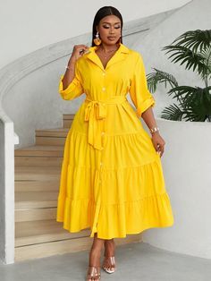 Plus Size V-Neck Button-Front Long Sleeve Dress With Waist Tie, Layered Ruffled Hemline, Elegant And Charming Yellow Casual  Long Sleeve Fabric Plain Shirt Non-Stretch  Women Plus Clothing, size features are:Bust: ,Length: ,Sleeve Length: African Fabric Dress, Classy Outfits For Women, Broken Hearted, Full Figure Fashion, Classy Dresses, Teen Clothes, Fashion Dresses Online, Kids Fashion Dress, Jumpsuit Elegant