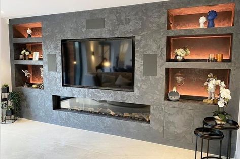 Feature Wall With Gas Fireplace And Tv, Living Room Designs Media Wall, Tv Inside Wall, Tv Media Wall With Fireplace, Media Wall With Fireplace And Tv Modern, Media Unit With Fireplace, Media Walls Living Room, Media Wall No Fireplace, Media Wall With Gas Fire