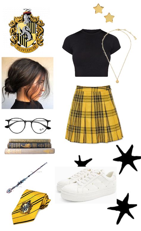 Hufflepuff Hairstyles, Harry Potter Hufflepuff Outfits, Harry Potter Universal Outfit, Hufflepuff Outfit Summer, Hufflepuff Outfit Ideas, Hufflepuff Inspired Outfits, Hufflepuff Summer Outfit, Hufflepuff Aesthetic Outfits, Hufflepuff Outfit Universal