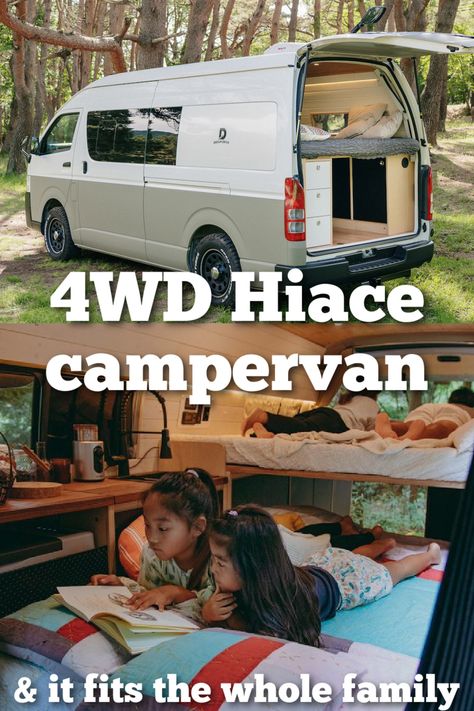 Collage of interior and exterior photos of a 4x4 Toyota Hiace KumaQ camper van with text overlay that reads: 4WD Hiace campervan & it fits the whole family. Hiace Van Camper, Hiace Conversion, Hiace Van Conversion, Van Life For Family Of 5, Hiace Van Fitout, Toyota Hiace Campervan Interior, Hiace Commuter Camper, Hiace Van Modified, Toyota Hiace 4x4 Camper Van