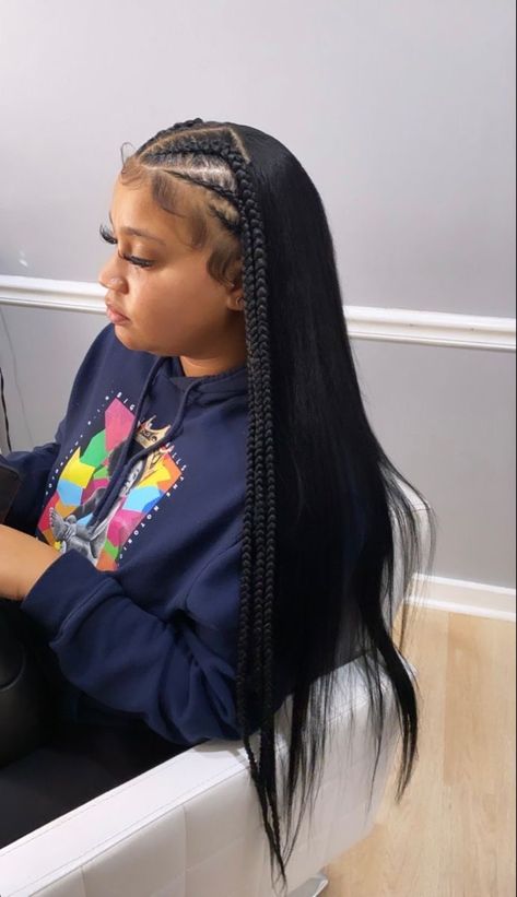 One Braid In The Front Weave In The Back, Braids With See In, Braided Front Quick Weave, Braids Into Sew In, Braids And Leave Out In Back, Half Sew In Styles, Half Braids Half Sew In Weave With Color, Feed In Braids With Straight Hair, Two Feed In Braids With Leave Out