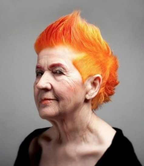 Serious hair goals right here Orange Mohawk, Short Pixie Bob, Granny Hair, Fire Hair, Dramatic Hair, Senior Style, Rainbow Hair Color, Bold Type, Bright Hair