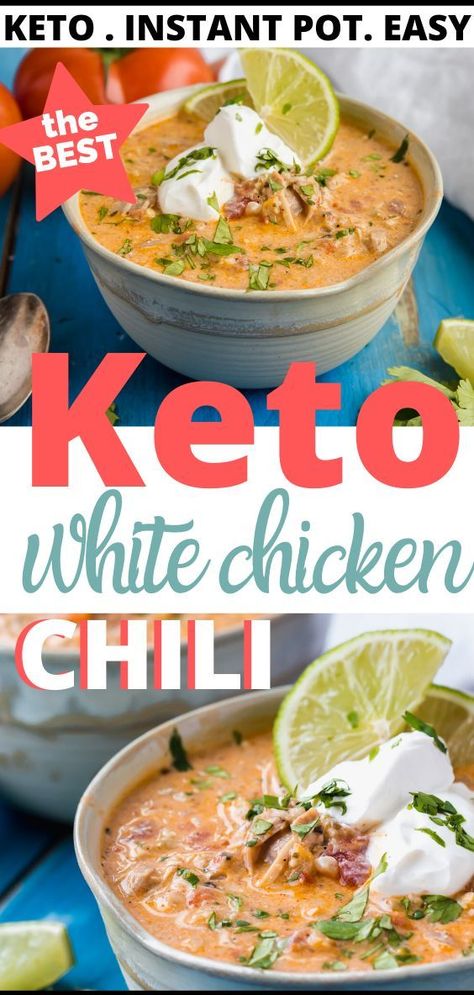 Feb 25, 2020 - Keto White Chicken Chili Recipe - This chili is guaranteed to disappear fast! The whole family will love this dinner and you'll love that it is easy to make and can have dinner ready in less than 30 minutes. This chicken chili is creamy, hearty and spicy. Instructions for instant pot, slow cooker and stove top! Plus this makes an excellent freezer meal. www.ketofocus.com #ketochili #ketowhitechickenchili #ketoinstantpotrecipes #ketoinstantpot #easyketodinners #easyketochickendinne Keto White Chicken Chili, Keto Chili, White Chicken Chili Recipe, Pot Recipes Healthy, White Chili, White Chili Chicken Recipe, Chicken Chili Recipe, Recetas Keto, Keto Cooking