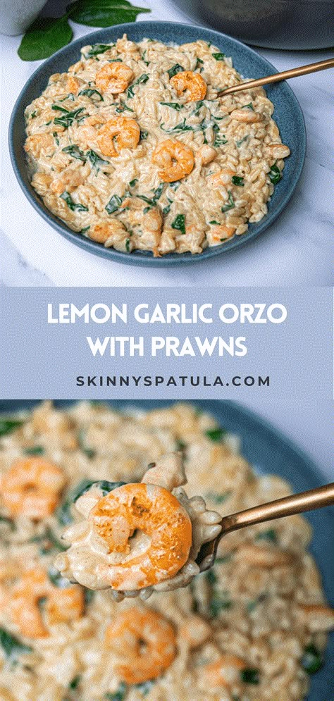 One Pot Orzo With Shrimp And Feta, Recipe With Prawns, Lemon Orzo With Shrimp, Lemon Garlic Shrimp Orzo, Garlic Prawns And Rice, Scallops And Orzo Recipe, Lemon Orzo Pasta With Shrimp, Seafood Orzo Recipes, Creamy Shrimp Orzo Recipes