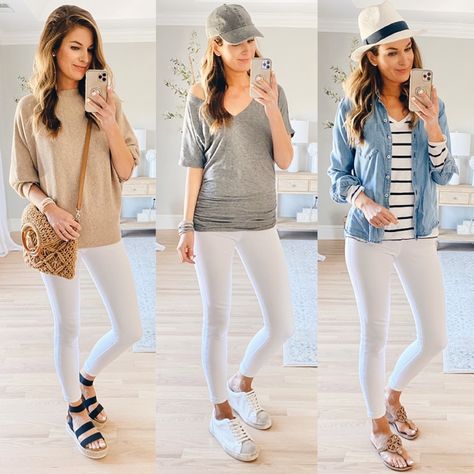 These leggings were a pleasant surprise. I have some Spanx I love and some I could pass on but the white jeanish leggings are great. White Leggings Outfit, Leggings Outfit Spring, Jeggings Outfit, Leggings Outfit Summer, White Jeggings, Leggings Outfit Casual, Casual Outfit Ideas, White Jeans Outfit, Leggings Outfit