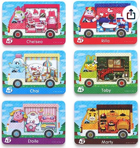 Image shows six Sanrio Animal Crossing Characters showcasing their Sanrio themed furniture sets. Top left is Chelsea the white deer with My Melody Furniture, Top right is Rilla the Blonde Gorilla with Hello Kitty Furniture, Middle left is Chai the Blue elephant with Cinnamonroll Furniture, Middle right is Toby the yellow bunny with Keroppi themed furniture, Bottom left is Etoile the purple sheep with My Twin Star furniture, and Bottom right is Marty the Yellow Cub with Pompompurin furniture. Sanrio Amiibo Cards, Animal Crossing Amiibo Cards, Amiibo Cards, Animal Crossing Pc, New 3ds, Nintendo Amiibo, Cute Disney Drawings, Animal Crossing Characters, Nintendo Switch Accessories