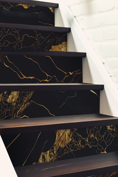 Black And Gold Staircase, Stair Tiles, Taxian Jun, Black Staircase, Stair Kits, Vinyl Stairs, Stair Decals, Stairs Renovation, Black Stairs