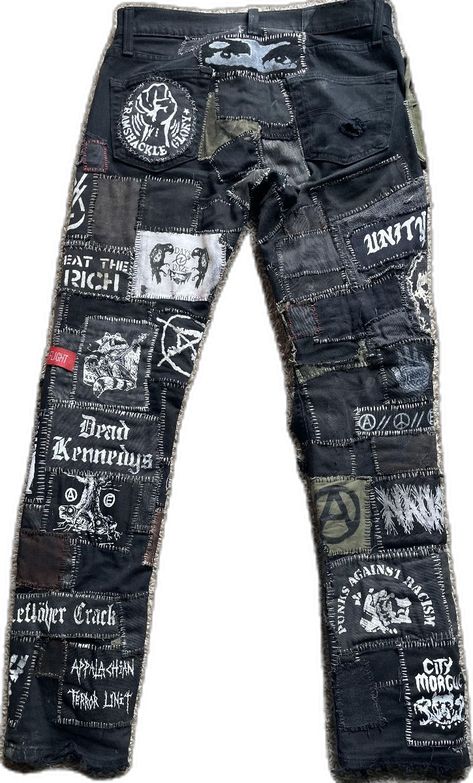 Crust pants Crust Pants Punk, Destroying Clothes, Crust Pants Patch Ideas, Crust Vest, Crust Shorts, Crust Punk Fashion, Crust Jacket, Patch Pants Punk, Crust Punk Pants