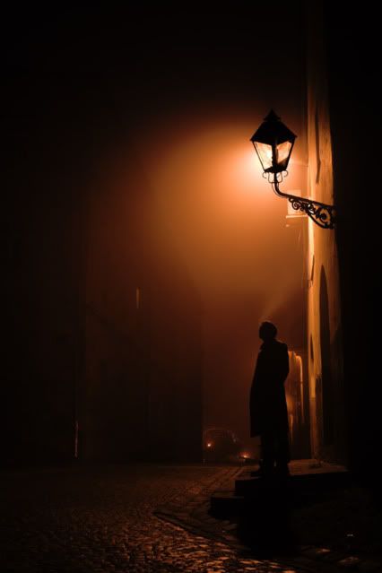 Lonely man on a lonely street Foggy Night, Street Light, In The Dark, At Night, Light In The Dark, A Man, Road