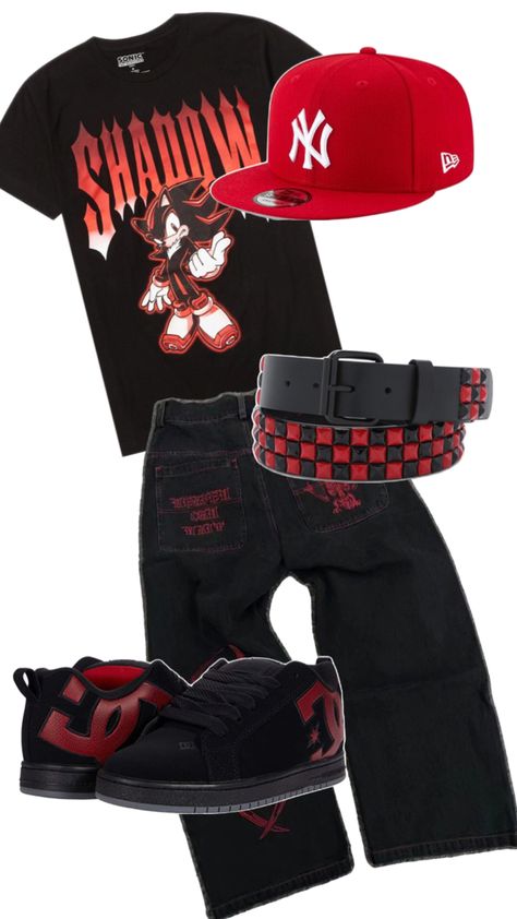 shadow dc shoes sonic red outfit grunde y2k cyber fit  dc sonic fire baggy pants baggy jeans baggy outfit cap t shirt affliction Dc Shoes Outfit, Street Skater Style, Emo T Shirt, Skater Fits, 2000s Girls, Affliction Clothing, Shirt Design Ideas, Drippy Outfit, T Shirt Design Ideas