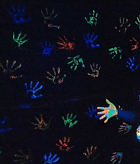 Glow in Dark Birthday Party Fun Glow Paint Handprint Wall -guestbook- Handprint Wall, Birthday Poster Ideas, Dark Birthday Party, Glow In The Dark Birthday, Dark Birthday, Glow In Dark Party, Neon Birthday Party, Fun Party Favors, Glow Birthday Party