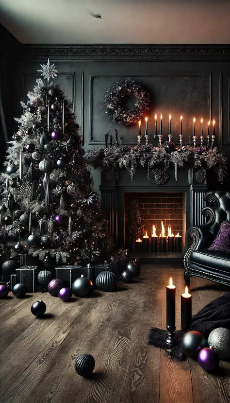 Moody Xmas Decor, Burgundy And Black Christmas Tree, Purple And Black Christmas Tree, Dark Christmas Decor Ideas, Black And Purple Christmas Tree, Gothic Christmas Decor, Witchy Christmas Tree, Gothic Christmas Aesthetic, Dark Christmas Tree