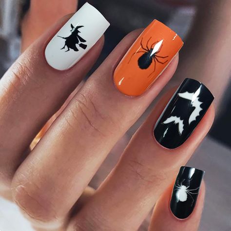 24Pcs Medium Halloween Nails Square Fake Nails Cute Press on Nails with Spider & Bat Designs Full Cover Glossy Acrylic Nails Stick on Nails Yellow White Black False Nails Glue on Nails for Women Black Nails White Spider Web, Nails With Spider, Black Nails Acrylic Spider Web, Orange Black White Halloween Nails, Black Halloween Nails Spider Webs, Halloween Nails Black And Orange Spider Web, Nails Short Square, Chic Manicure, Halloween Manicure