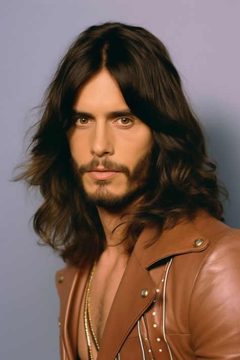 Step back in time with these iconic 70s hairstyles for menFrom longwavy locks to dark gold and light brown tresseschannel your inner rockstar in styleGet inspired by this celebrity-portrait inspired image of a man in a leather jacketexuding vintage charm. 70s Hairstyles Men Long, 70s Male Hair, Mens 70s Hairstyles, Mens 70s Hair, 1980s Mens Hair, 60s Hairstyles Men, 70s Men Hairstyles, 70s Mens Hair, 70s Hair Men