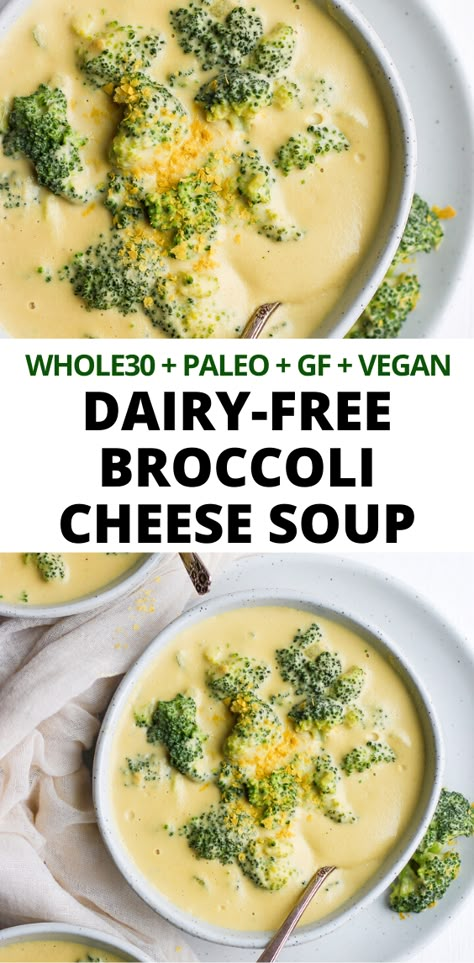 Dairy-Free Broccoli Cheese Soup (Paleo + Whole30 + GF + Vegan) - so good you won't even miss the dairy!!! #broccolicheesesoup #dairyfreebroccolicheesesoup #healthysoup #whole30soup #paleosoup #plantbasedrecipes Dairy Free Bread, Dairy Free Snacks, Dairy Free Breakfasts, Dairy Free Diet, Broccoli Soup, Vegan Soup Recipes, Broccoli Cheese Soup, Broccoli Cheese, Healthier Recipes