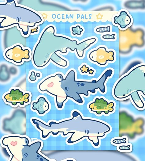 You can now pre-order the ocean pals sticker sheet! The sticker sheet will be discounted for people who pre-order 💙🦈🐟 The gingham shark sticker is also available now! I’ve had so much fun designing these sharkies and fish friends! I’m very excited for this launch and hope you are just as excited as I am! Treat yourself and secure yours today 🍀🫶 🌷 Link to my shop in bio 🌷 #whimsical #aesthetic #childhood #cozyart #sketch #doodle #animalart #simple #texture #littleguys #nostalgia #happyvib... Cute Sticker Art, Sea Design Graphic, Cute Stickers Sheet, Sticker Sheet Design, Cute Simple Stickers, Ocean Drawing Simple, Simple Doodling, Sticker Ideas Cute, Homemade Sticker Ideas